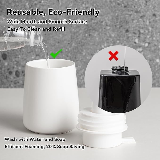 Foaming Soap Dispenser - 12 Oz White Ceramic Foam Hand Soap Dispenser for Bathroom, Face Wash Dispenser Bottle with Matte Golden Foam Pump, Refillable Dish Dispenser for Kitchen
