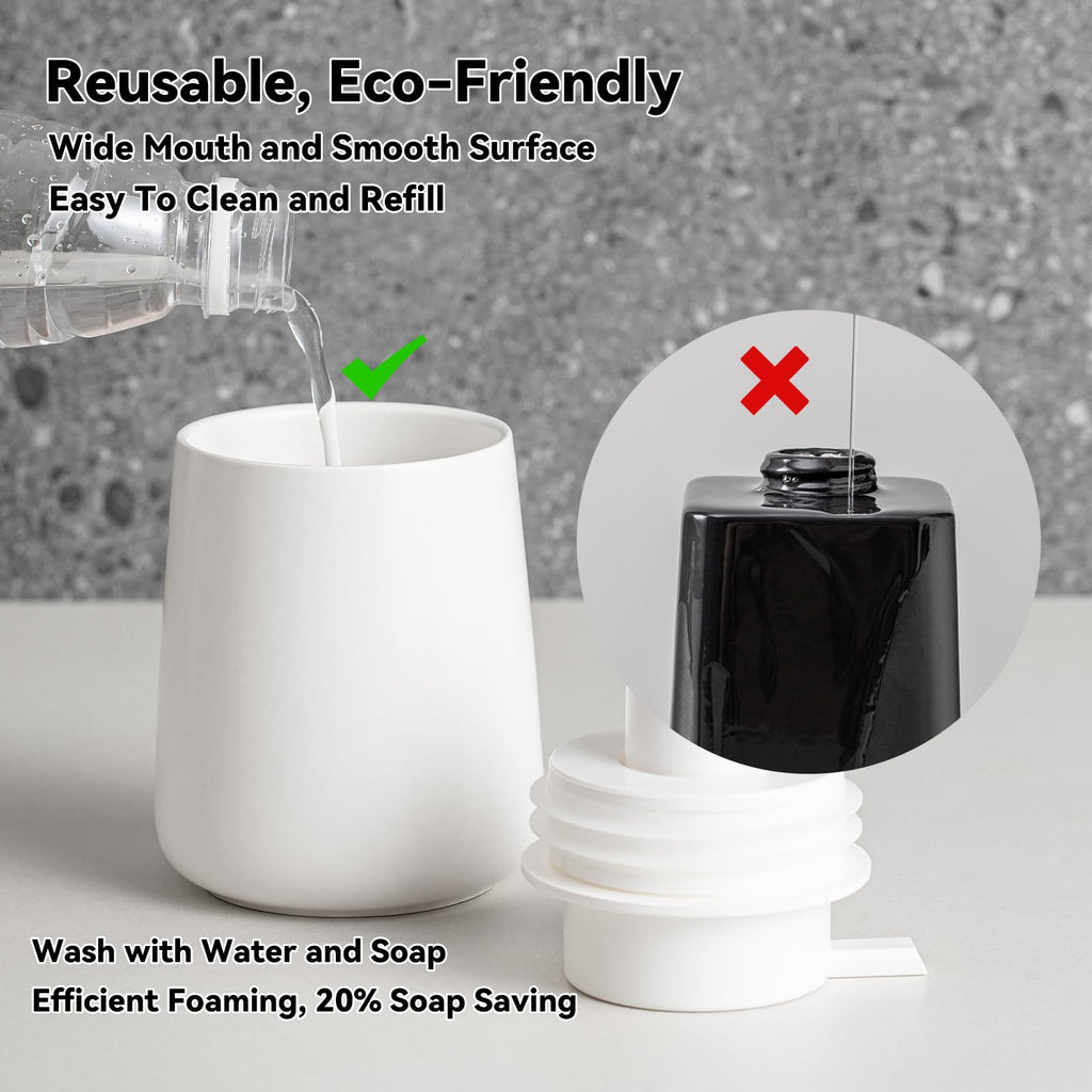 AZMOYAC Foaming Soap Dispenser - 12 Oz White Ceramic Foam Hand Soap Dispenser for Bathroom, Face Wash Dispenser Bottle with Matte Golden Foam Pump, Refillable Dish Dispenser for Kitchen