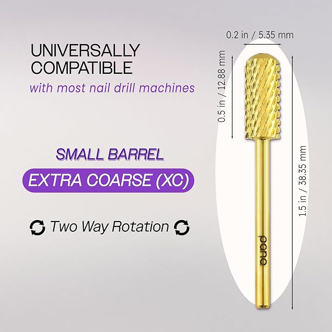PANA 3/32" Shank Size Smooth Top Small Barrel Carbide - Nail Drill Bit for Dremel Machine Manicure Pedicure Nail Salon Tools Gel Polish & Acrylics Removal (Gold, Extra Coarse)