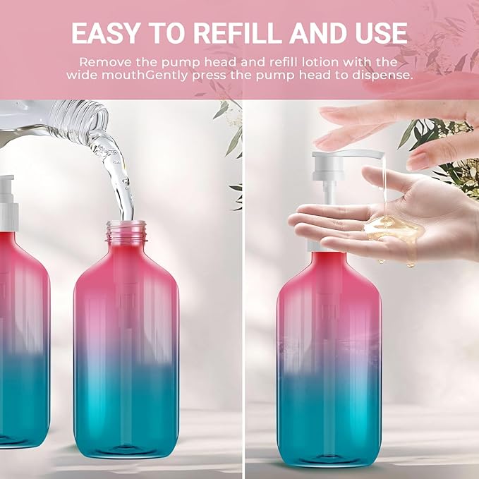 Empty Plastic Bottles with Pump Dispenser, 500ml Gradient Bottle, 6 Pack