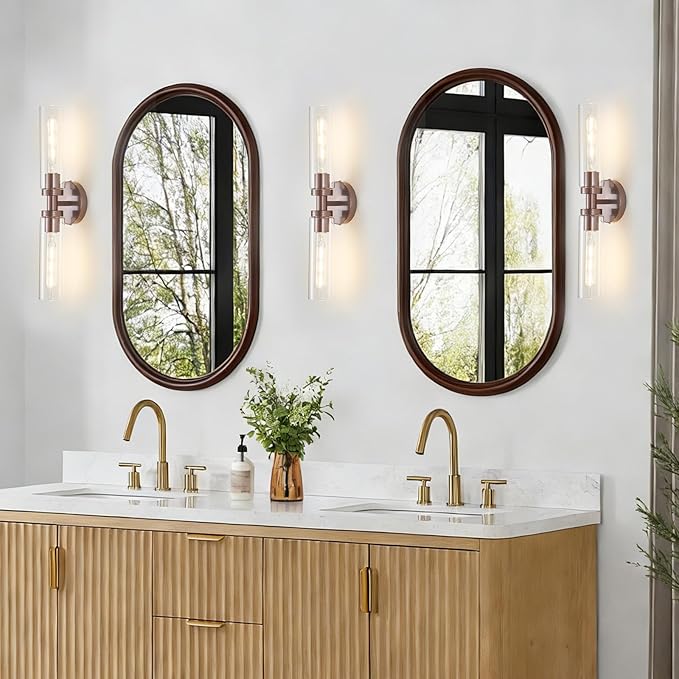 2 Light Bathroom Wall Sconces Set of 2,Modern Farmhouse Bronze Bathroom Light Fixture Over Mirror with Clear Glass Shade,Bathroom Vanity Light for Hallway Cabinet Bedroom Stairway Porch