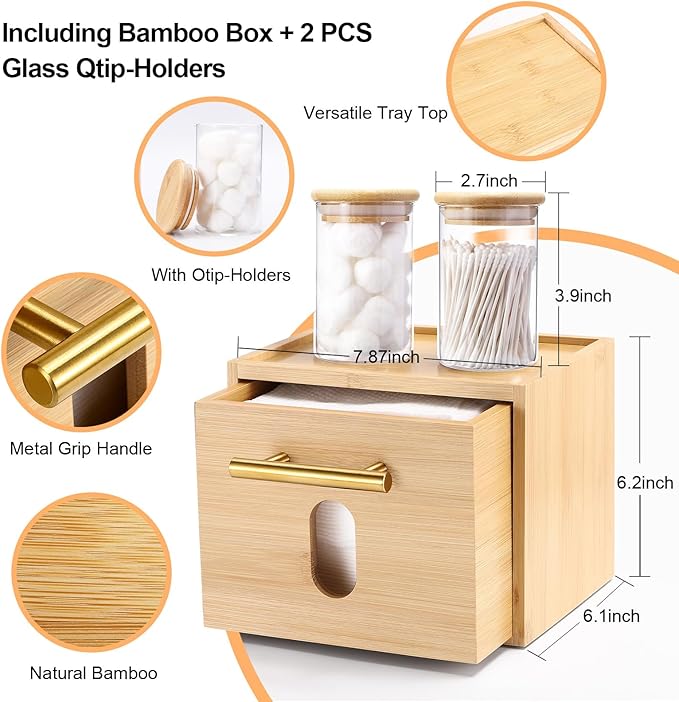 BSSN Face Towels Holder with Glass Cotton Balls Holders , Disposable Towelettes Bamboo Box , Facial Towels Container with Drawer, Towel XL Organizer for Bathroom, Makeup Remover Dry Wipes Washcloths