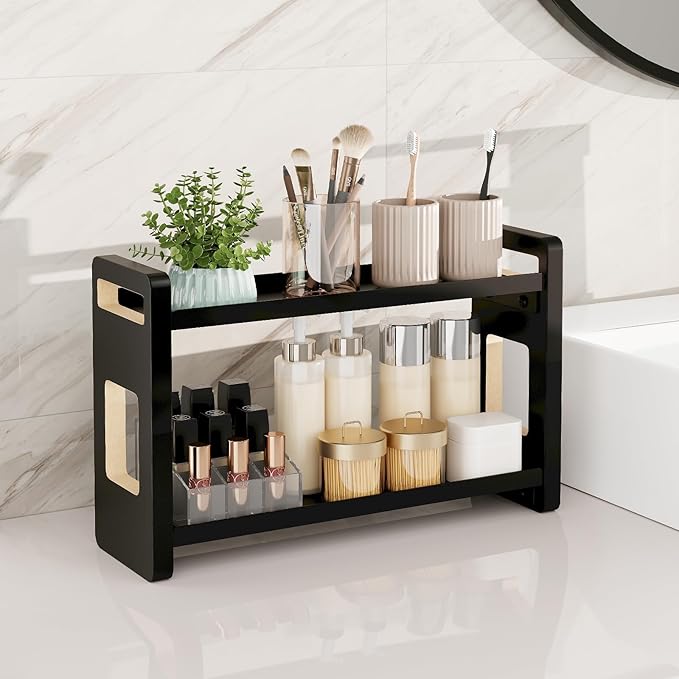 UJQSUN Bathroom Counter Organizer,Bathroom Counter Shelf,Bathroom Organizers,Under Sink Organizer,Cologne Organizer for Men,Colognes Stand,Cologne Cabinet,Vanity Shelf(Black 2 Tier)