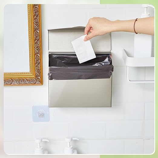 Tioncy 1 Pack Sanitary Napkin Disposal Receptacle with Feminine Hygiene Disposal Bag Stainless Steel Tampon Bin Trash Can Wall Mounted Waste Tampon Holder Feminine Hygiene Container (Silver)