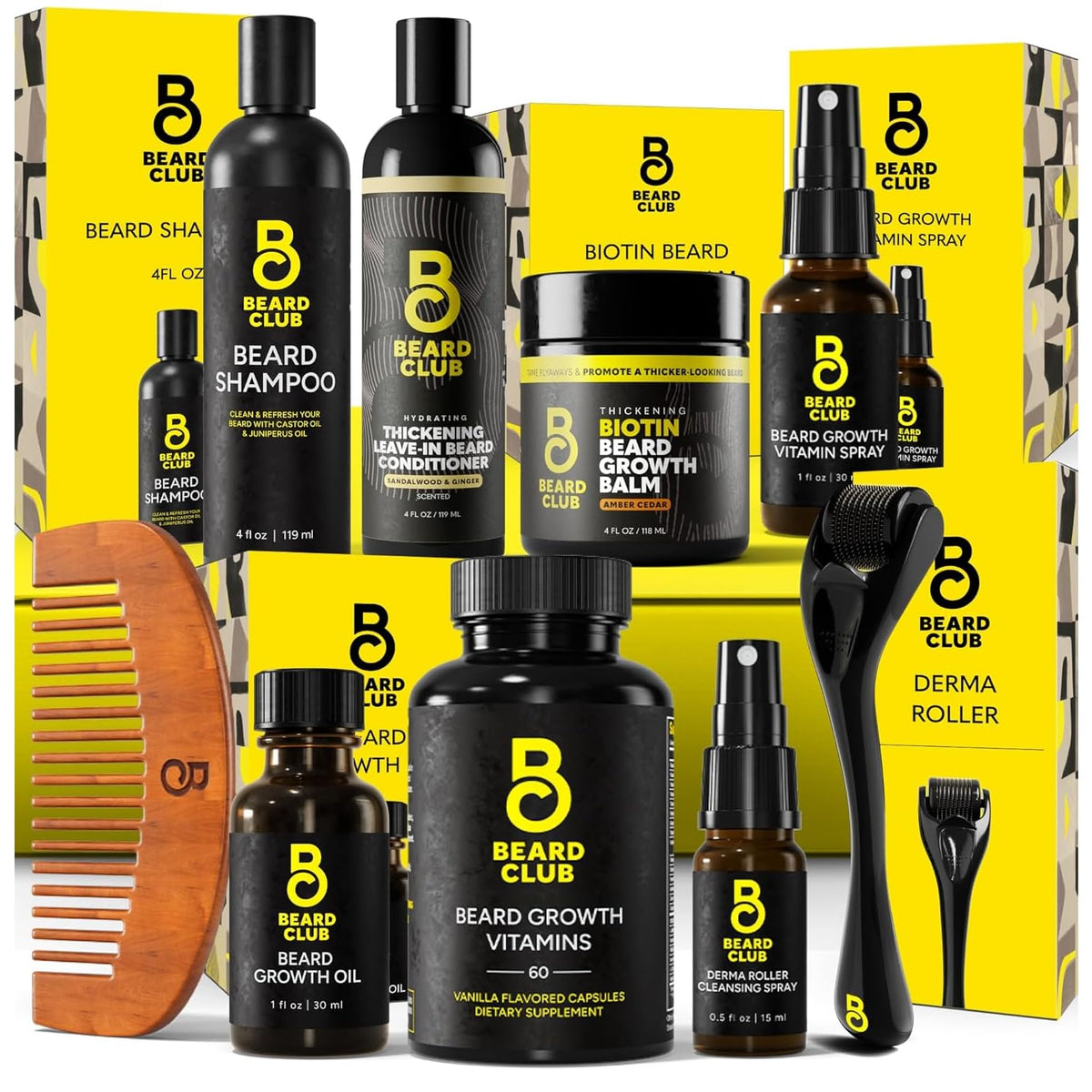 Beard Club Derma Roller & Beard Growth Oil - Microneedling Roller with 540 Titanium Coated Microneedles & Cedar, Sandalwood Beard Oil