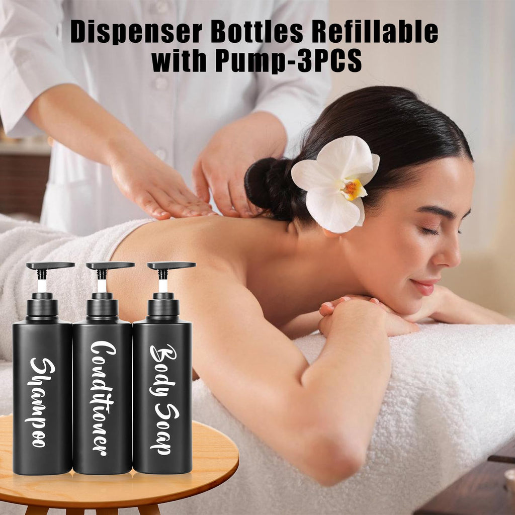 AUMIO 16.9oz Bathroom Soap Dispenser Set, Refillable Shampoo and Conditioner Bottles, Empty Bottles with Pump for Shampoo, Conditioner, or Body Wash, Matte Black Shower Dispensers, Set of 3