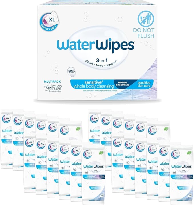 WaterWipes Sensitive Whole Body Cleansing Wipes, 99.9% Purified Water, XL Textured Wipes, Incontinence Care, Fragrance Free, 360 Count