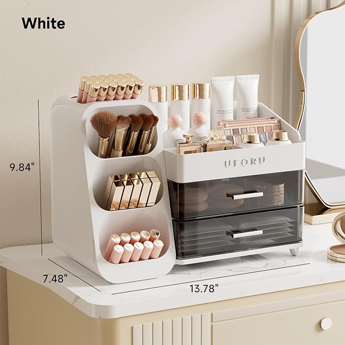 UFORU Makeup Organizer for Vanity with Brush Holder, Large Capacity Bathroom Countertop Skincare Organizer with 2 Drawers, Cosmetic Display Case for Perfumes, Eyeshadow Palettes, Nail Polishes