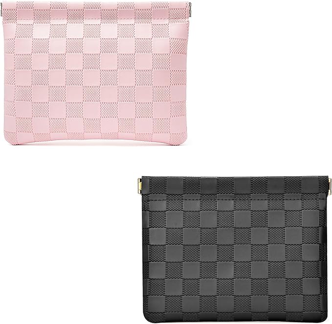 HIGH FIT Leather Pocket Cosmetic Bag for Purse,Coin Purse Lipstick Cosmetic Accessories Organizer, Travel Kit Storage Pouch,Waterproof Portable No Zipper Self-closing (Black+Pink)