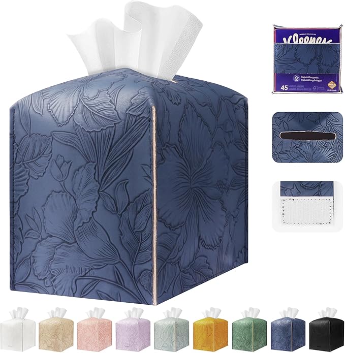 PARIERIS Square Tissue Cube Cover PU Leather Tissue Organizer with Bottom Belt for Bathroom, Tabletop, Kitchen, Night Stands, Office, Home, Car (Oceanblue)
