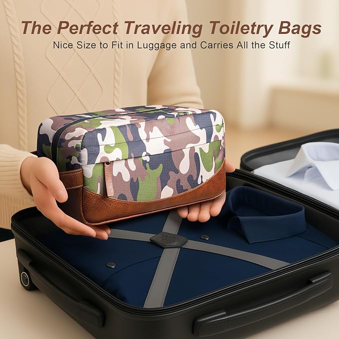 Ezday Travel Toiletry Bag for Men, Hanging Toiletry Organizer, Water Resistant Shaving Kit with Large Capacity for Travel Accessories (Camo-Bright Green, Medium)