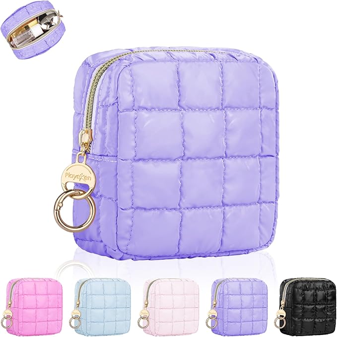 Playexen 4.9" Puffy Small Makeup Bag, Cute Quilted Cosmetic Bag for Purse, Mini Travel Toiletry Organize Pouches for Women, Birthday/Wedding/Christmas Gifts (Purple)