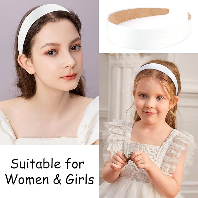 Wecoe 10 Pack White Headband 1 Inch Wide Satin Headbands Women Non Slip Fashion Plain Head Bands Solid Hair Bands DIY Holiday Hair Accessories for Women Girls Diademas Para Mujer
