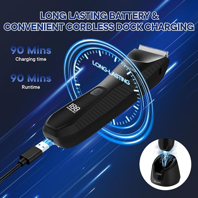 TEENOVA Pubic & Body Hair Trimmer for Men, 2 In 1 Electric Ball Groin Razor Shaver with Ceramic Blade, No Nick Mens Grooming Kit for Wet/Dry Use, Cordless Charging Body Groomer with Led Display, Black