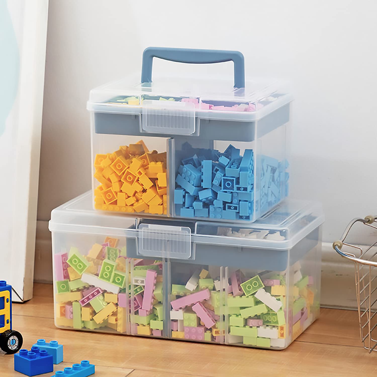 FOREVERIE Clear Small Plastic Storage Box with Handle & A Removable Tray & Adjustable Divider, Kids Students Children Art Box, Desk Organiser Case, Medicine Storage Box (Clear & Ocean Blue)