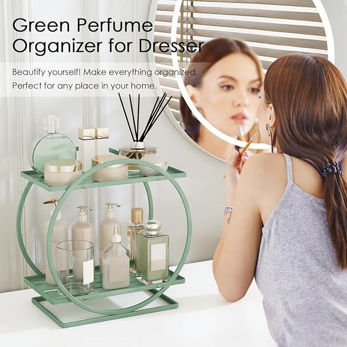 YIWANFW Perfume Organizer for Dresser, 2-Tier Bathroom Counter Organizers, Elegant Round Makeup Organizer for Vanity, Bathroom Organizer Countertop Shelf, Perfume Tray Skincare Storage (Green)
