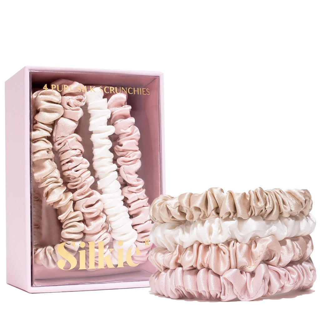 SILKIE x4 Set - Better than Satin - 100% Pure Mulberry Silk Black on Black Skinny Scrunchies Travel Pouch Everyday Hair Ties Elastics Hair Care Ponytail Holder No Damage (Noir)
