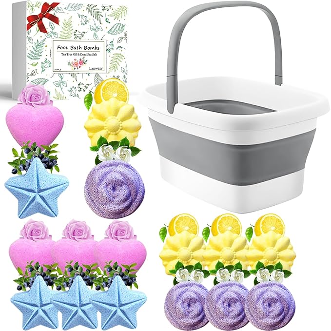 Lanwexy Foot Soaking Tub,Collapsible Bucket,Foot Spa,Foot Bath 16 Pack Foot Soak with Bath Salt and Tea Tree Oil.Foot Bath Soak Tub,Foot Balls for Feet Callus, Dry Cracked, Stubborn Feet Odor Scent.