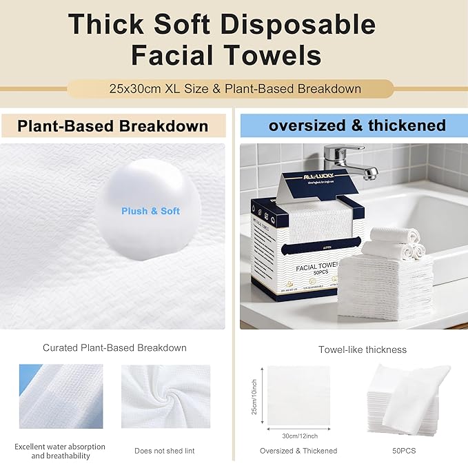Face Towels, XL Facial Dry Towels 10x12 Inch, Biodegradable Disposable Face Wipes for Makeup Remover, Skincare & Face Cleansing, Lint-Free (100 Count)