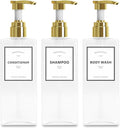 Shampoo Dispenser Bottles with Gold Pump, YACEYACE 16.9oz Set of 3 Clear Shampoo and Conditioner Dispenser, Mordern Shower Bottles Refillable with Labels