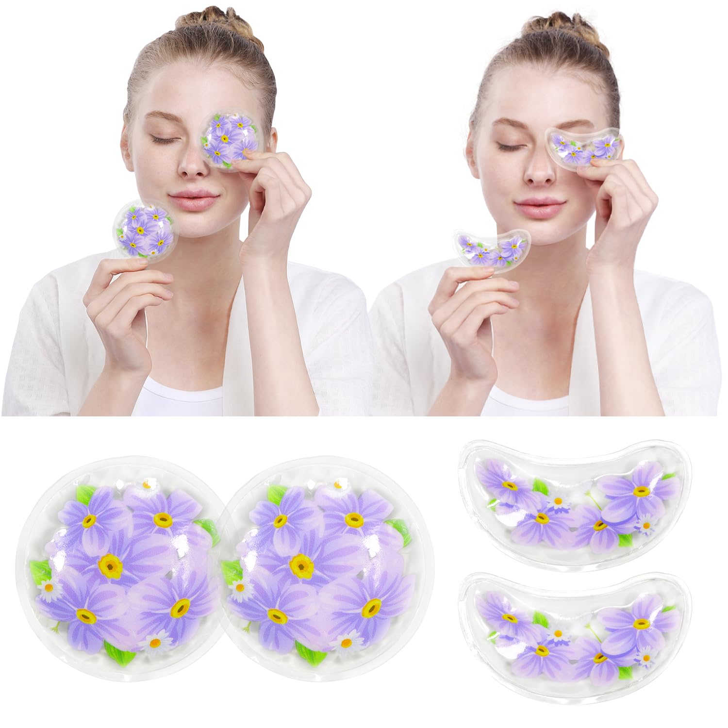CONBELLA 4PCS Gel Eye Ice Pack Set, Cold & Hot Compress, Reusable Cooling Gel Pads for Strain Relief, Swelling, Dark Circles, Redness, Puffy Eyes, Surgery Recovery(4 Purple flowers)