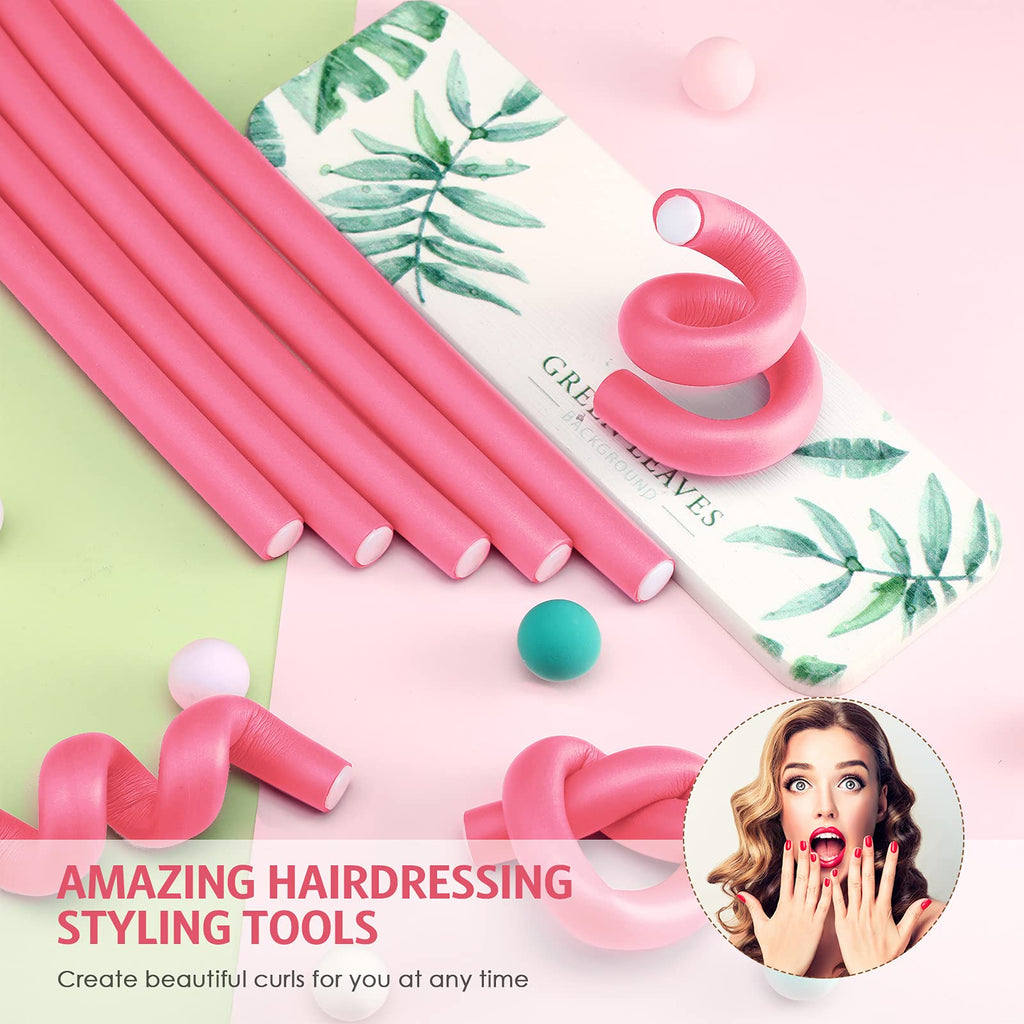 Syhood 30 Pcs Flexible Curling Rods 9.45 Twist Foam Rollers Soft Foam No Heat Hair Rods Rollers and 1 Steel Pintail Comb Rat Tail Comb for Women Long Short Hair(Pink,9.45 x 0.55 Inch)