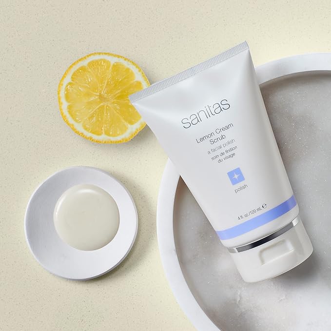 Sanitas Skincare Lemon Cream Scrub, Dual Action Manual Exfoliant, Facial Scrub, Vitamin C, 4 Ounces