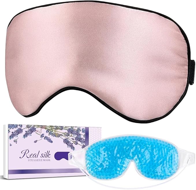 Silk Sleep Mask Light Blocking, LC-dolida Cooling Eye Mask for Sleeping Includes Silk and Gel Eye Masks for Migraine Dry Eye Women Men(Pink)