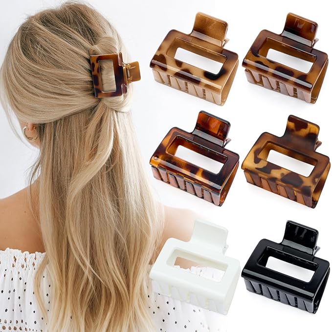 Auseibeely 6 Pcs 2 Inch Small Claw Clip for Women & Girls, Medium Tortoise Shell Square Hair Clips, Rectangle Non-Slip Tortoiseshell Jaw Clips for Half Up Half Down Thin Medium Short Hair