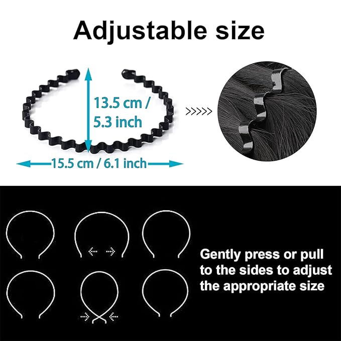 KELUBATU Metal Headband for Men, Adjustable Wavy Hair Band, Non-Slip 3 Pcs