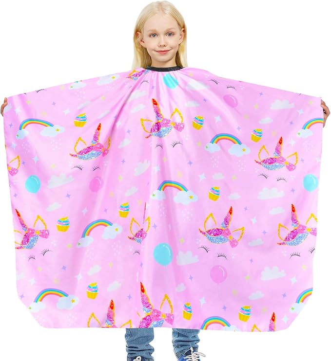 PAMAID Kids Haircut Cape Waterproof Barber Cape Cover, Unicorn Hair Cutting Cape for Girls with Adjustable Snap Closure (Unicorn)