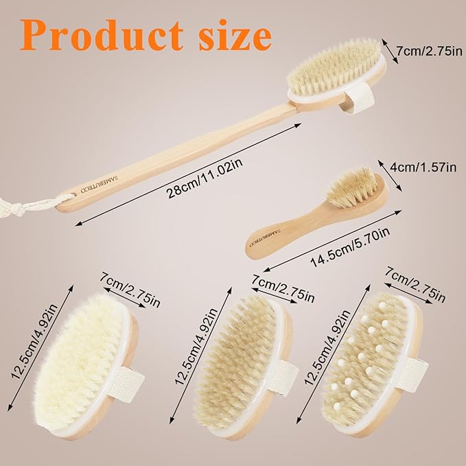 SAMEBUTECO 4-in-1 Wood Dry Brush Set with Long Handle, Boar Bristle