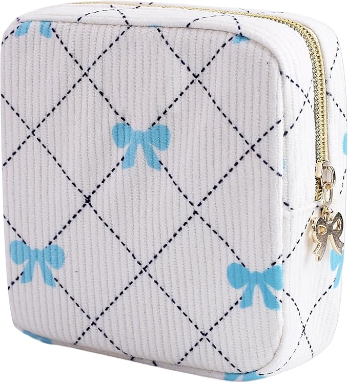 Teircno Period Bag for Women - Cute Corduroy Sanitary Napkin Storage Bag with Bow Design | Period Pouch for Daily Use, Travel | Discreet Menstrual Pouch | Pad Bags for Period Holds Pads, Tampons