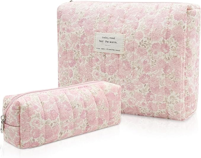 Gosect 2PC Makeup Bag Set, Cute Cosmetic Bag for Women Girls, Floral Coquette Aesthetic Toiletry Bag, Travel Make Up Organizer Bag (Pink Rose)