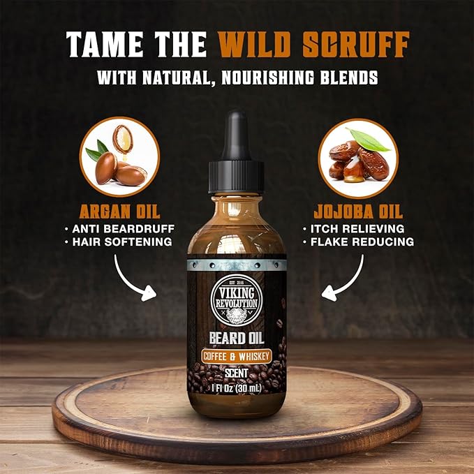Viking Revolution Ultimate Conditioner for Men's Beard Grooming - Softens, Smoothes and Soothes - Contains Beard Wash and Conditioner (5oz Set), Beard Oil, Balm and Wooden Comb - Coffee Whiskey Scent
