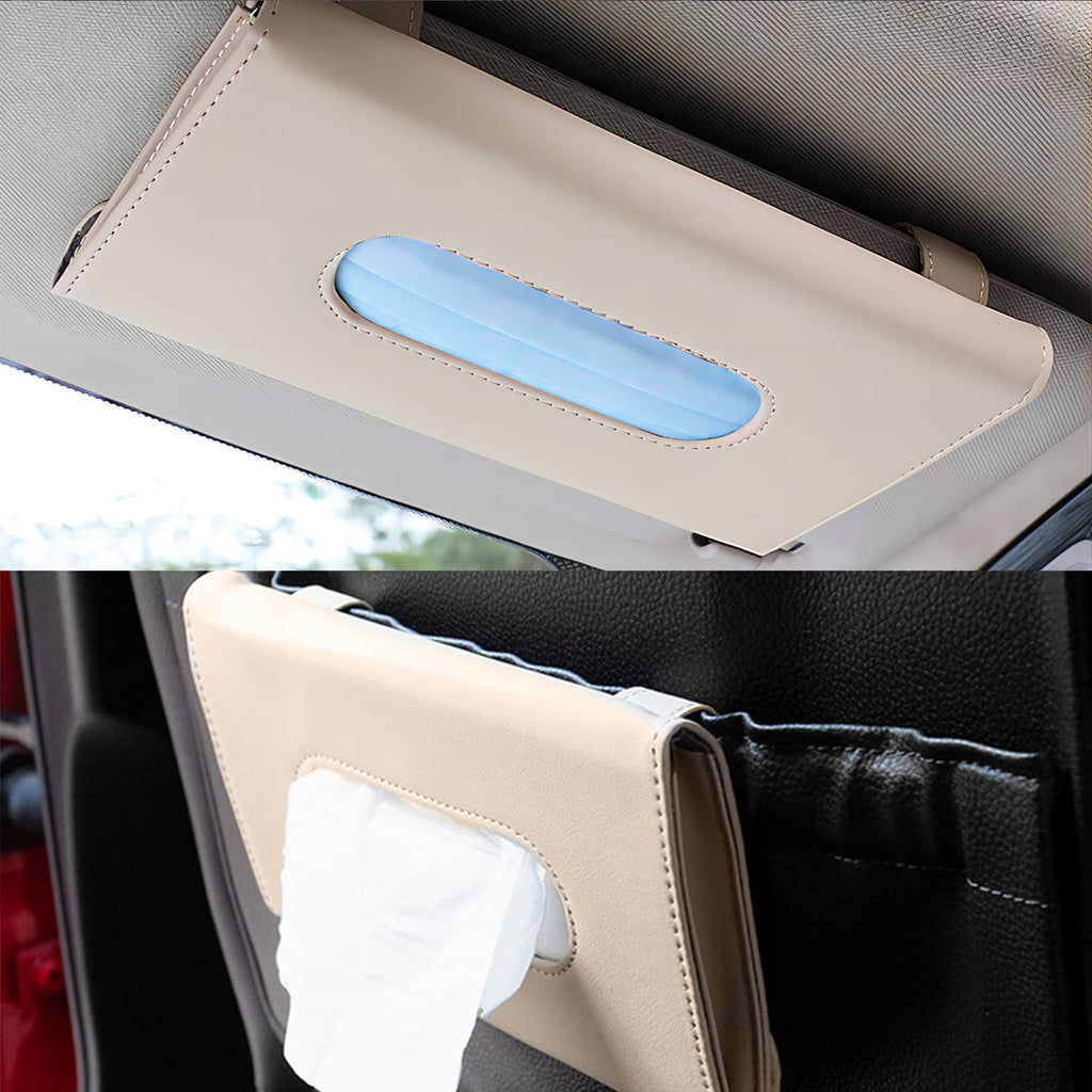 Langmeil Car Tissue Holder, 2 Pack Sun Visor Napkin Holder, Premium PU Leather, Car Mask Holder for Sun Visor Vehicle, with Tissue Refill, Black&Beige
