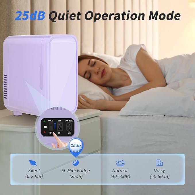 YASHE Mini Fridge, 6 Liter/8 Can 110V AC/DC Portable Thermoelectric Cooler Refrigerators for Bedroom, Skincare, Beverage, Office, Dorm Room and Car, Purple
