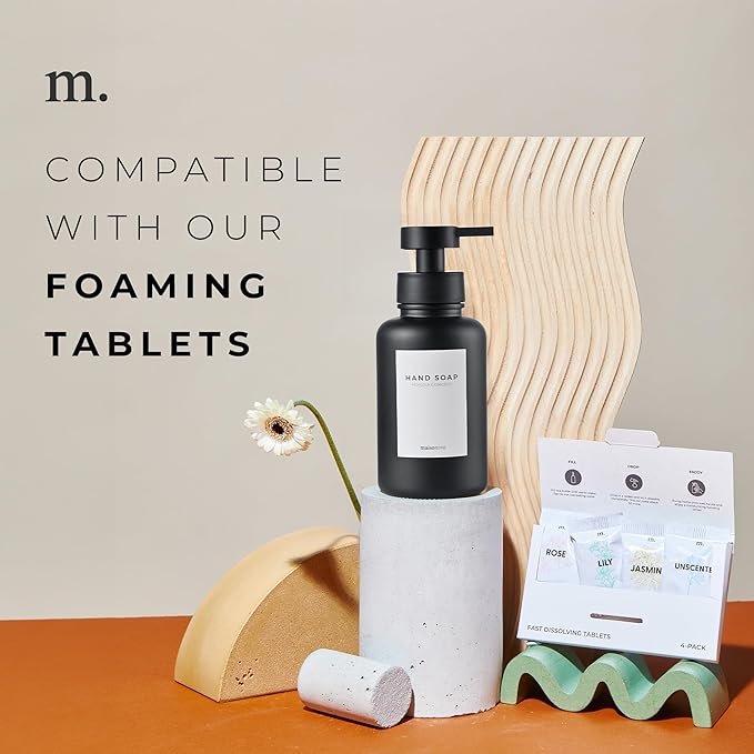 MaisoNovo Glass Foaming Soap Dispenser 14 Oz | Glass Bottles Pumps x 2 Black with Tray
