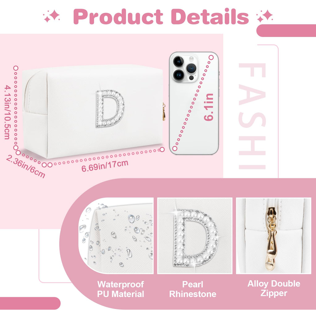 Bride Gifts – Personalized Initial Makeup Bag with Pearl Rhinestone Patch, Preppy White Monogram Cosmetic/Toiletry Pouch, bridesmaid Gifts, Bridal Shower Gifts, Wedding Gifts, Bridal Gifts,D