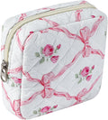 Small Quilted Cotton Makeup Bag for Purse, Cosmetic Bag with Compartments, Cotton Aesthetic Makeup Bag, Travel Toiletry Pouch, Key Pocket Lipstick Bag Card Holder Data Cable Organizer (04Pink Bow)