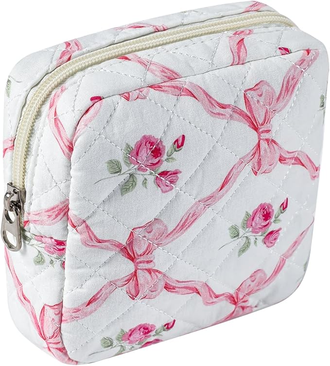 RSRSLEII Small Quilted Cosmetic Pouch for Purse, Mini Cotton Makeup Bag with Compartments, Cute Zipper Lipstick Holder for Women (09Pink Bow)