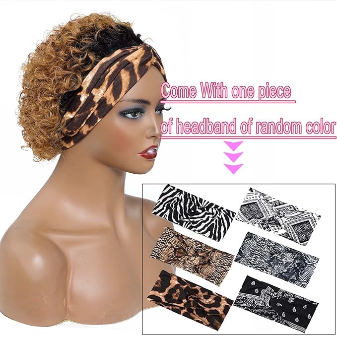 Headband Wigs Human Hair for Black Women Blonde Ombre Pixie Cut Headband Wig Put On and Go Glueless Human Hair Wig with Headband,150% Density 6inch，T27