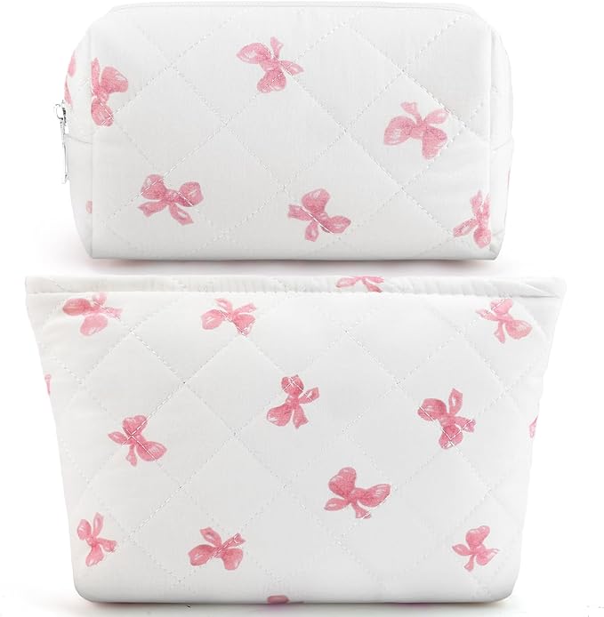 Lestp 2Pcs Small Makeup Bag Quilted Cosmetic Bag Flower Pencil Case Travel Makeup Bag Set for Women Cute Cosmetic Pouch Aesthetic Cotton Toiletry Organizer Storage Bags Puffy Zipper Pouch D