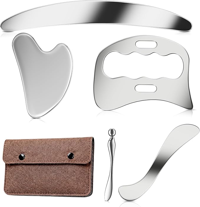 304 Stainless Steel Guasha Muscle Scraper Set, 5 in 1 Gua Sha Massage Kit and Derma Edge Scraping Tools for Physical Therapy- Deep Tissue Massage Scraper Tool for Body and Face Relaxation (Brown)