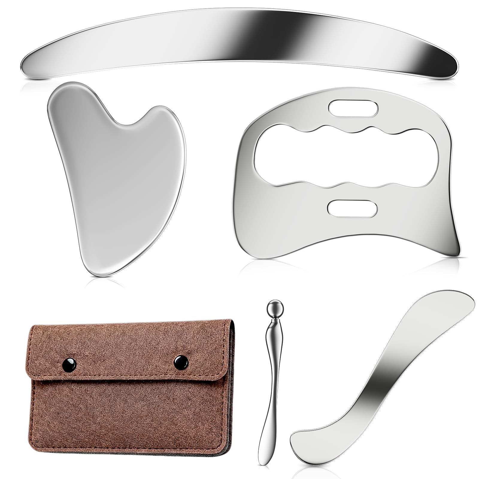 304 Stainless Steel Guasha Muscle Scraper Set, 5 in 1 Gua Sha Massage Kit and Derma Edge Scraping Tools for Physical Therapy- Deep Tissue Massage Scraper Tool for Body and Face Relaxation (Brown)