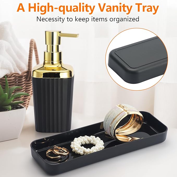 Bathroom Accessory Set,9 Pieces Black Bathroom Accessory Set with Toothbrush Holder, Trash Can, Lotion Soap Dispenser, Toothbrush Cup, Vanity Tray, Soap Dish, Toilet Brush, Qtip Holder