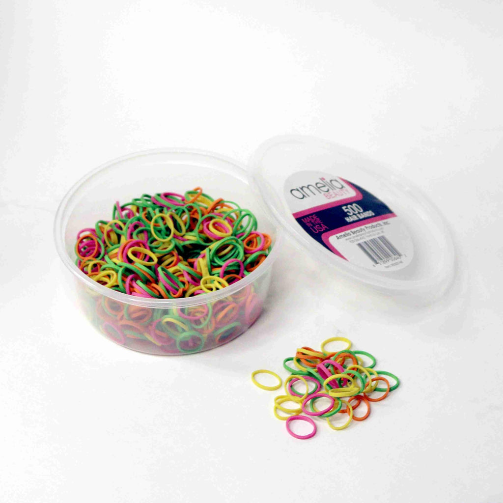 Amelia Beauty 500 Count Small Rubber Bands for Hair – ½" Brights Mix - Made in USA - Recloseable Container - Mini Hair Elastics for Braids, Ponytails, Cornrows & Twists – Strong Hold Ponytail Holders