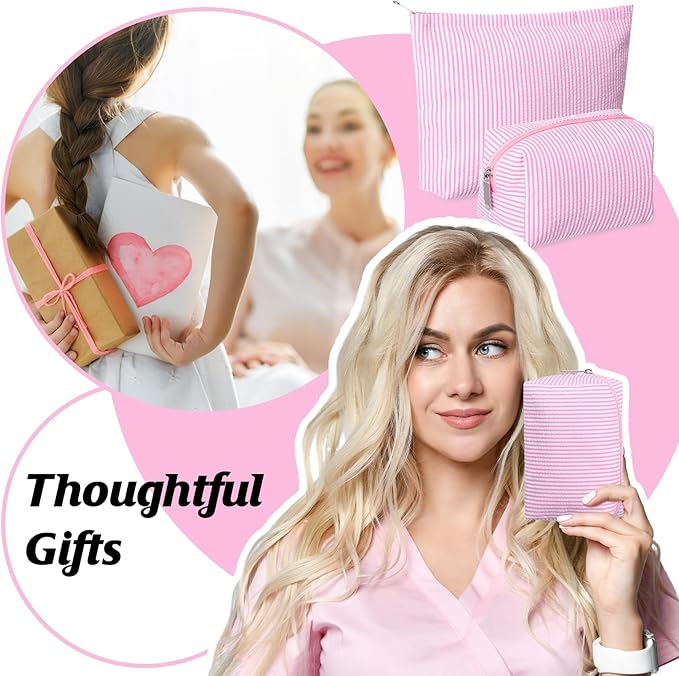 2 Pcs Makeup Bag Set Cute Cosmetic Pouch for Women Seersucker Travel Toiletry Bag Preppy Small Makeup Purse Pouch Aesthetic Skincare Brushes Storage Organizer for Valentine Women(Pink)