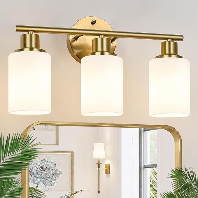 Zarbitta 3-Light Bathroom Light Fixtures, Brushed Gold Vanity Light, Farmhouse Wall Lights with Milky White Frosted Glass Shades, Bathroom Wall Lamp for Mirror Kitchen Bedroom Hallway Living Room