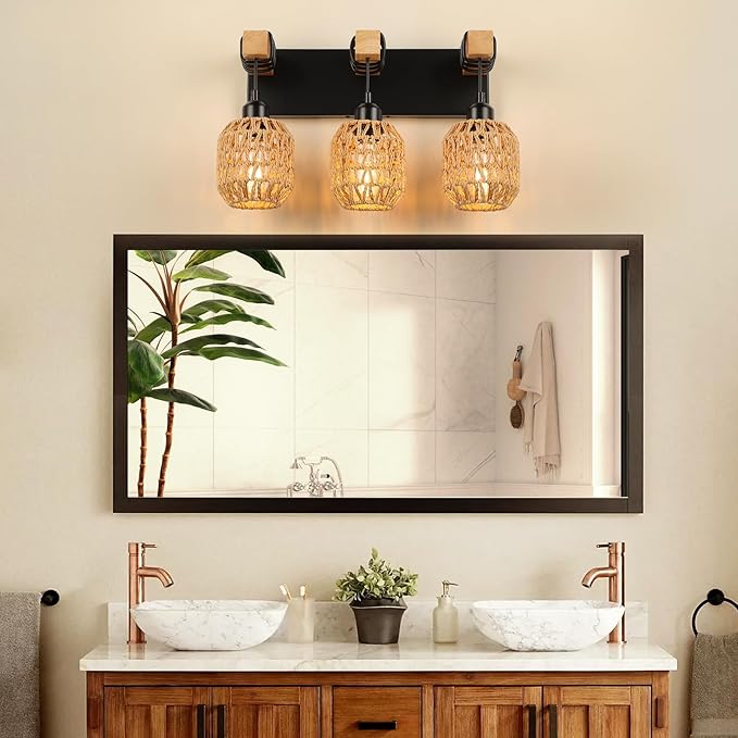 Bathroom Vanity Light Fixtures, 3-Light Farmhouse Bathroom Light Over Mirror, Rustic Boho Wood Sconces Wall Lighting with Woven Lampshade for Living Room, Bedroom, Hallway